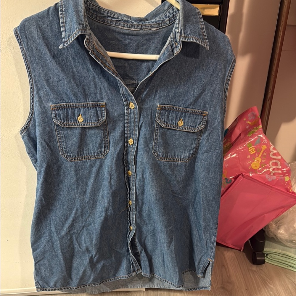 Sleeveless Denim Button-Up Shirt